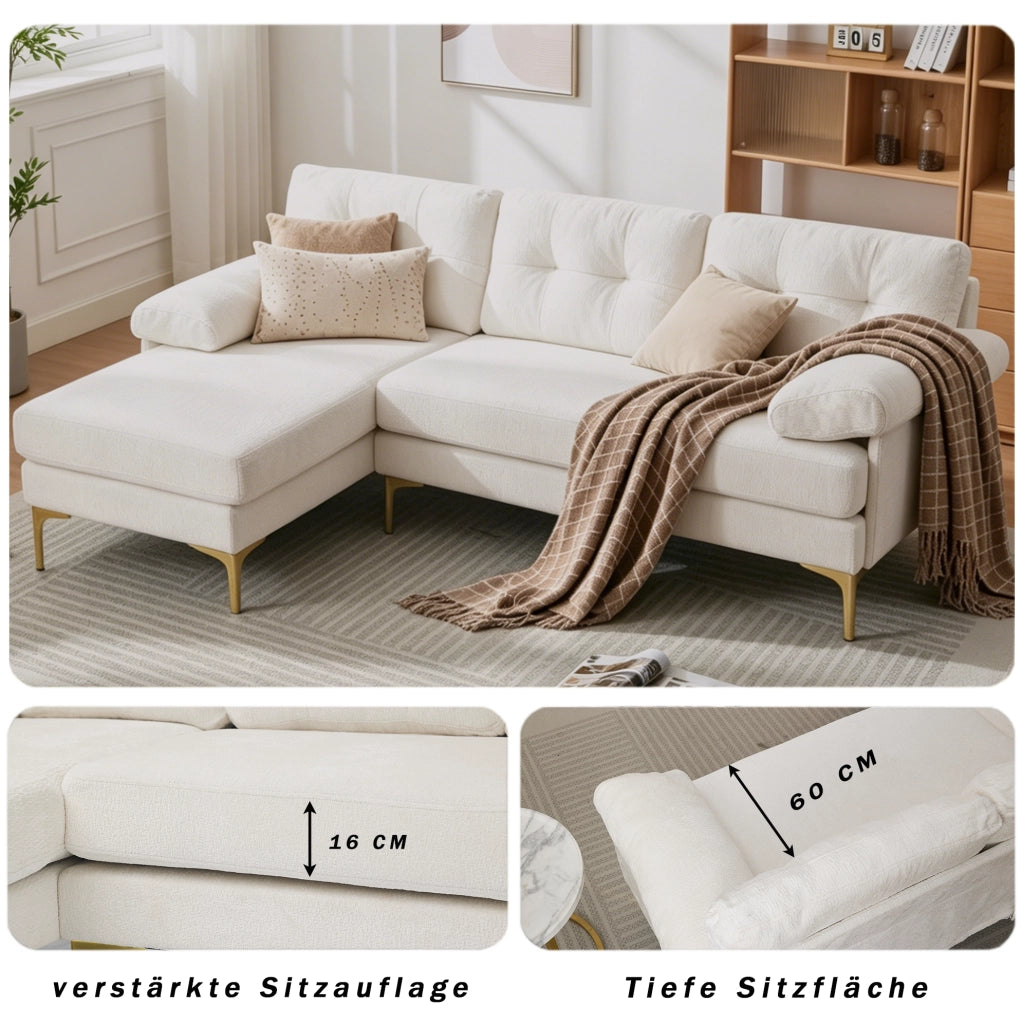 Divano angolare ULEVR 3 posti 187,5x130 cm con chaise longue reversibile, rivestimento in ciniglia beige