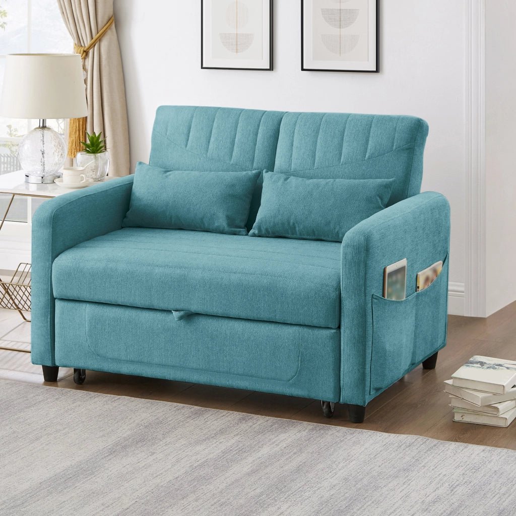 Divano letto a 2 posti estraibile con schienale regolabile in 3 posizioni tessuto cotone e lino blu verde antico