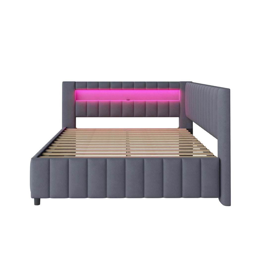 Divano letto 140 × 200 cm a L rivestito in velluto grigio con LED multicolore; USB; testiera e schienale