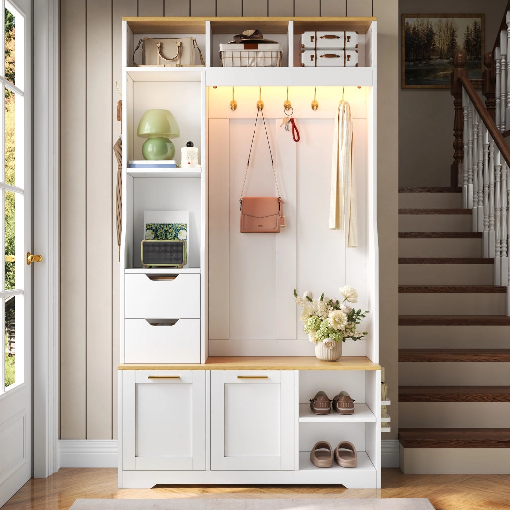 Mobile da ingresso guardaroba con 2 cassetti, 2 scarpiere a ribalta, panca e LED per corridoio, 100 × 32 × 186 cm