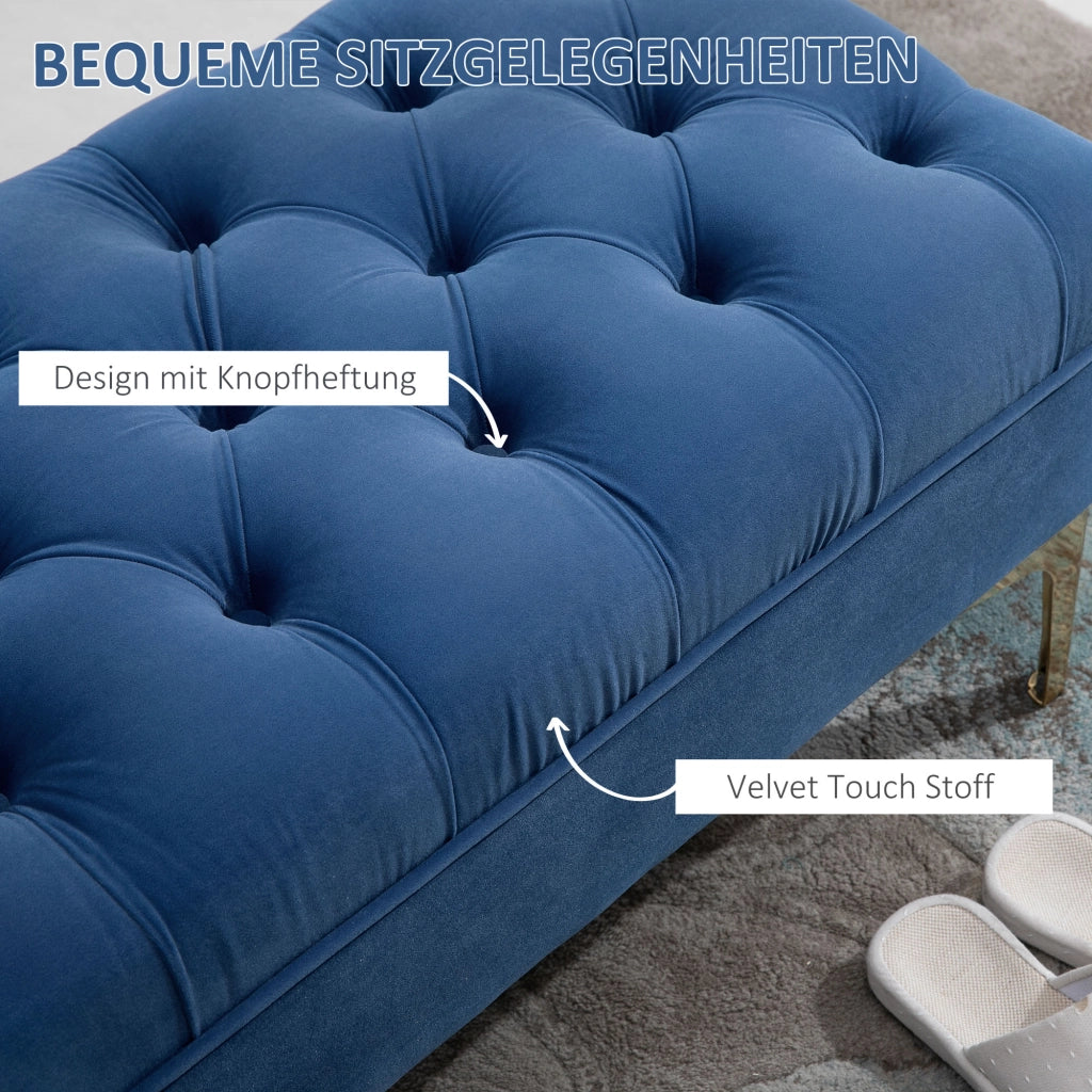 Panca imbottita multifunzione con seduta capitonne e piedi metallici in velluto blu e oro 118×45×42 cm
