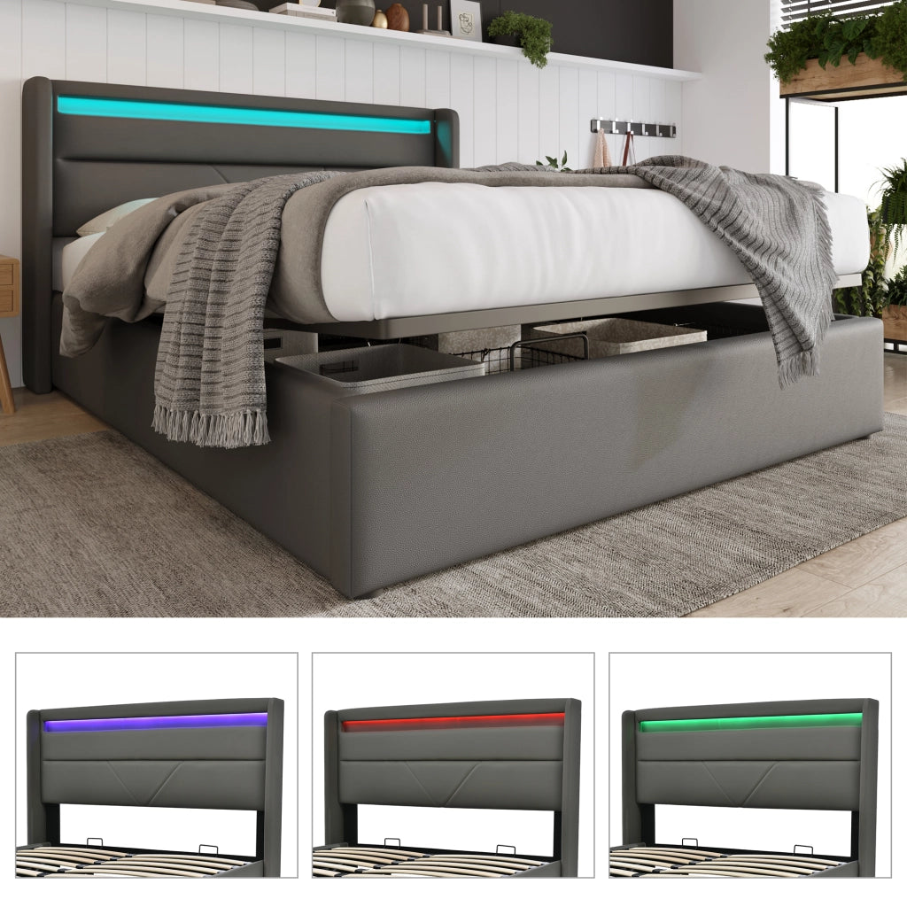 Letto imbottito con LED e contenitore idraulico, 140x200 cm, grigio