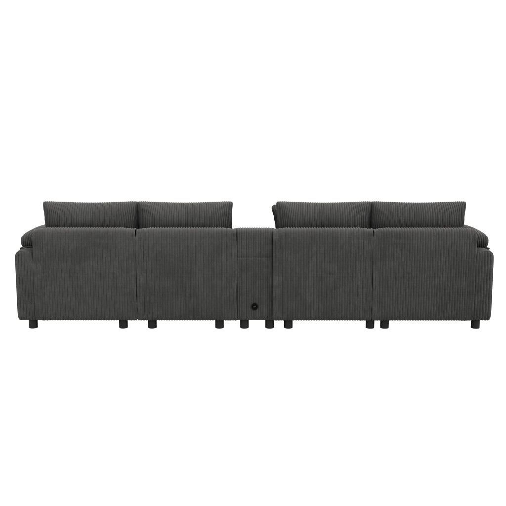 Divano modulare 4-6 posti 315,5x144 cm in velluto a coste grigio con Bluetooth e console
