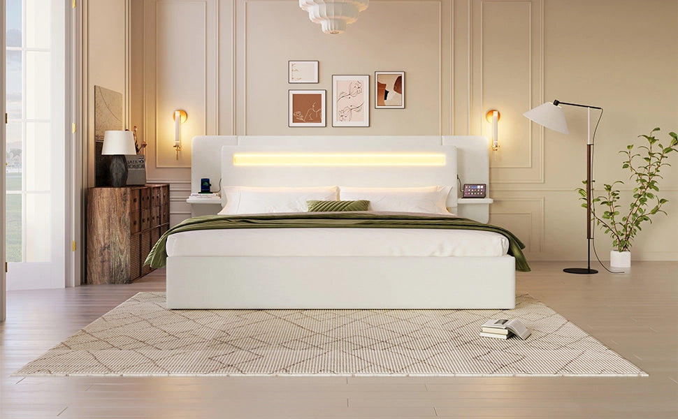 Letto imbottito 180 × 200 cm in lino beige con vano contenitore idraulico LED multicolore USB e comodino