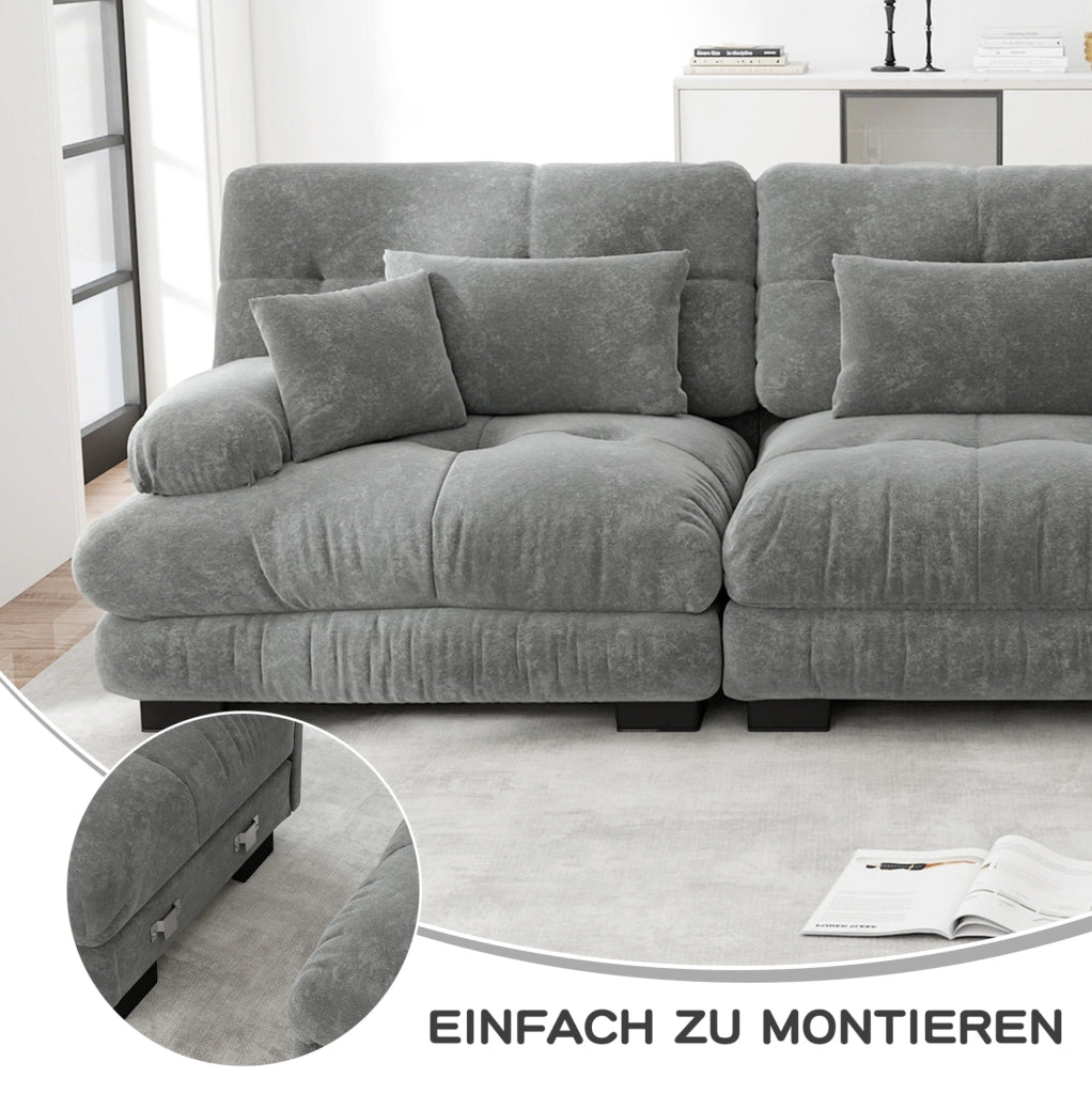 Divano modulare con ottomano mobile in chenille grigio