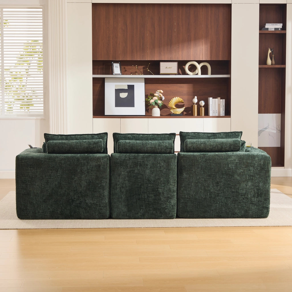 Divano modulare 3 posti con pouf 256 cm; portabicchieri e tasche laterali; ciniglia; verde scuro
