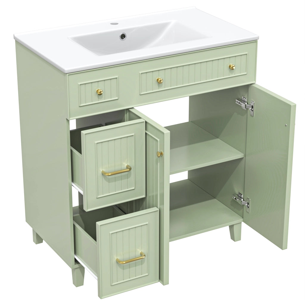 Mobile Bagno a Terra 81.7 cm Verde con Lavabo in Ceramica e Piedini in Legno Massello