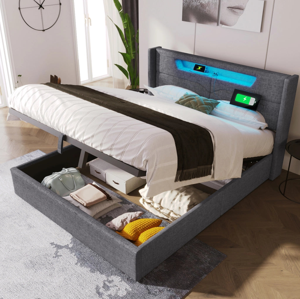 Letto imbottito con contenitore LED, ricarica USB e Tipo C 140 x 200 cm