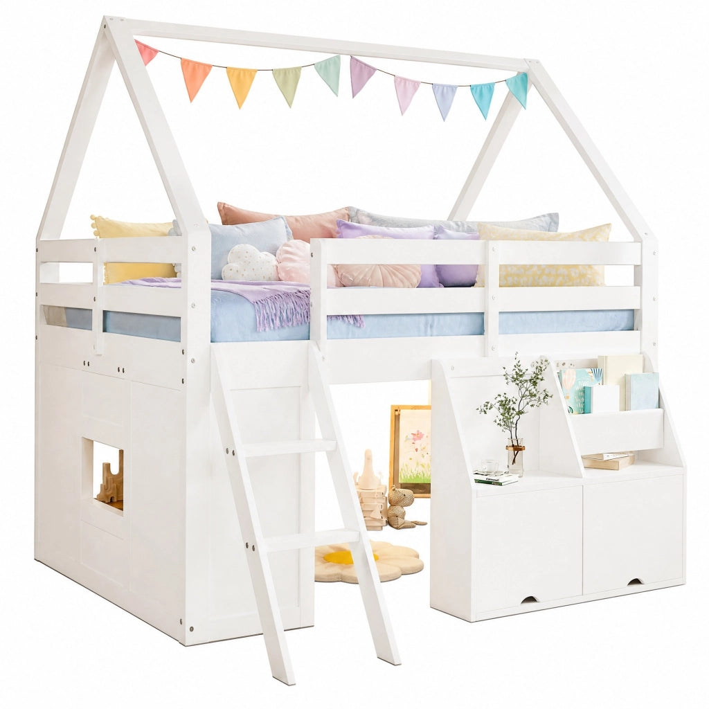 LETTO A SOPPALCO a Casetta 140x200 cm Bianco con Scala, LED e Contenitori
