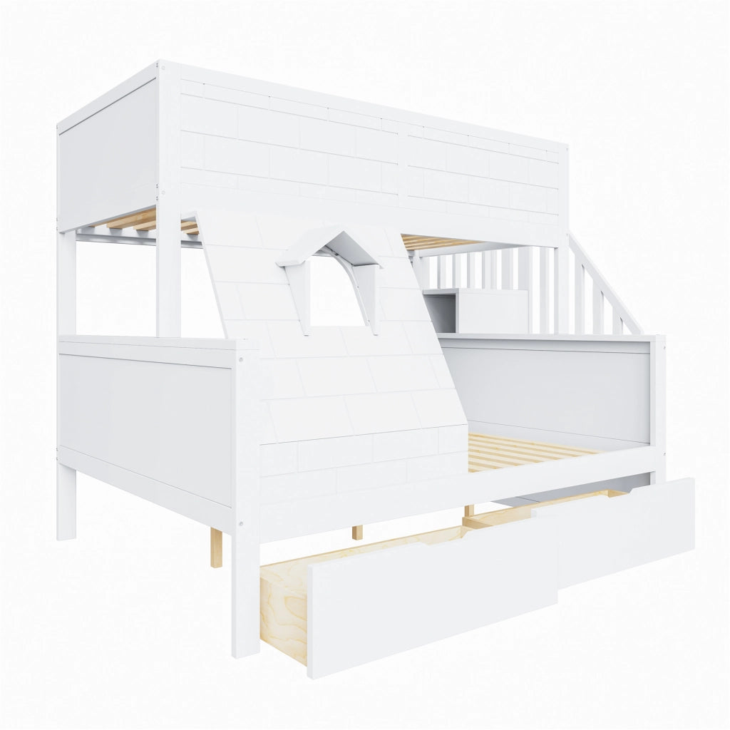 Letto a castello con scala di sicurezza cassetti e finestra legno bianco 90x200 140x200 cm