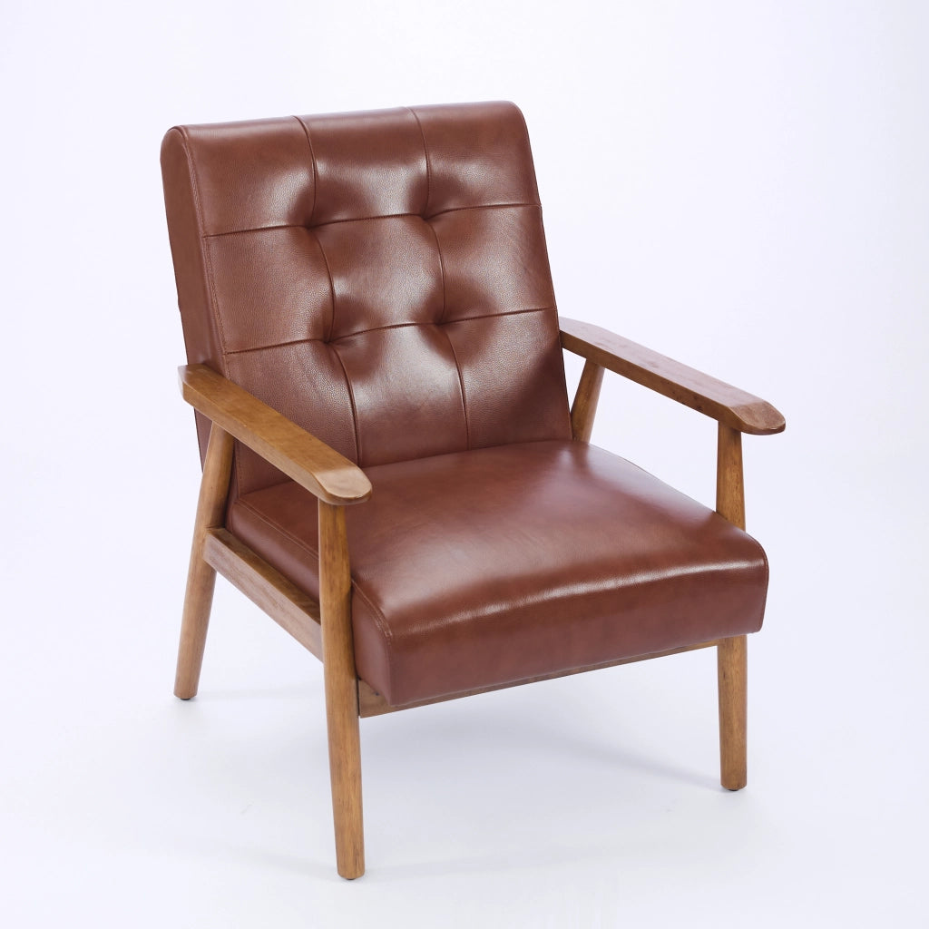 Poltrona con schienale decorato e braccioli in pelle e legno di caucciù marrone, 68 × 57 × 44 cm