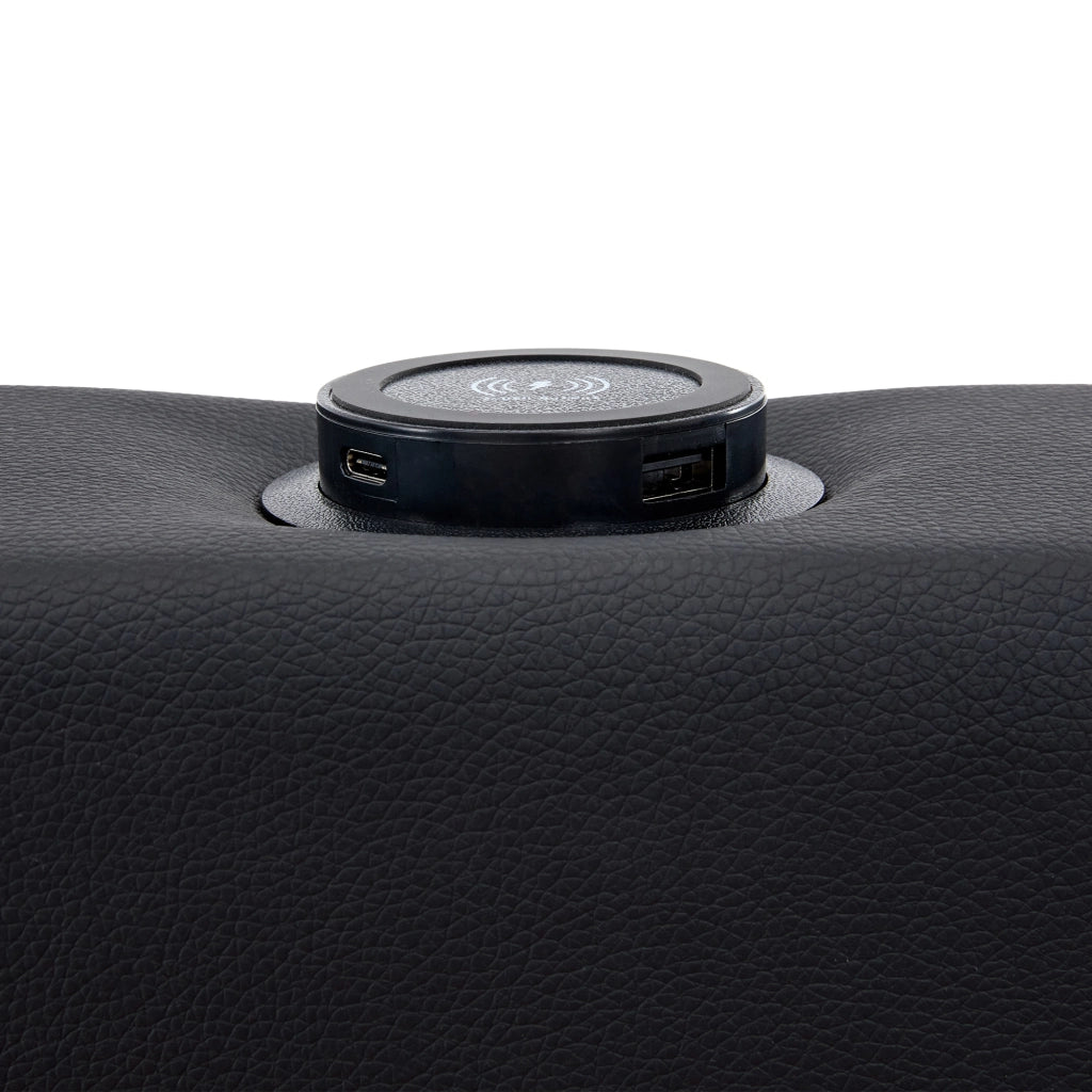 Letto imbottito 140x200 cm nero in similpelle con 4 cassetti; LED e ricarica wireless