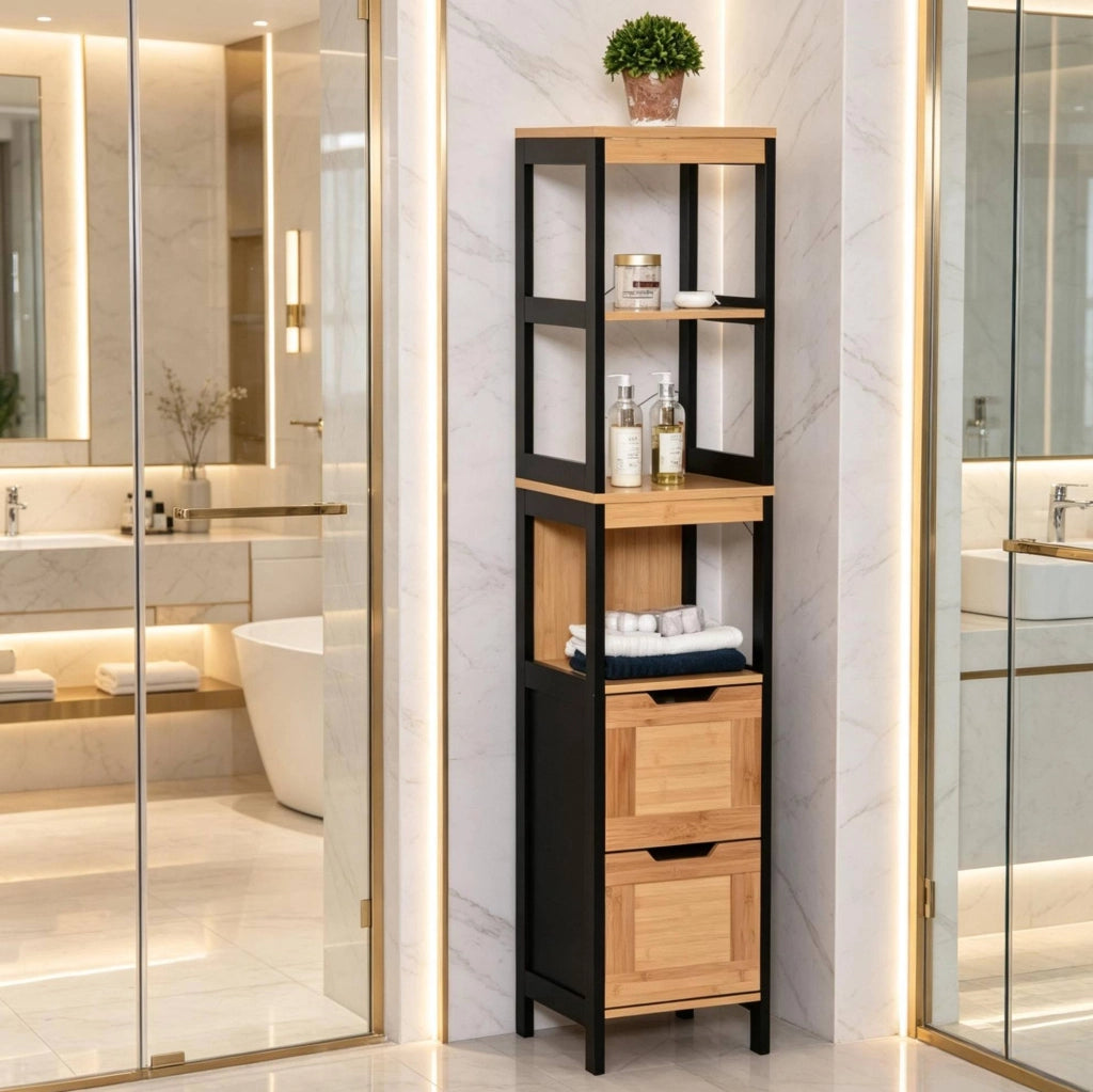 Mobile alto da bagno 30x30x144,3 cm con 3 ripiani e 2 cassetti in bamb¨´ e MDF
