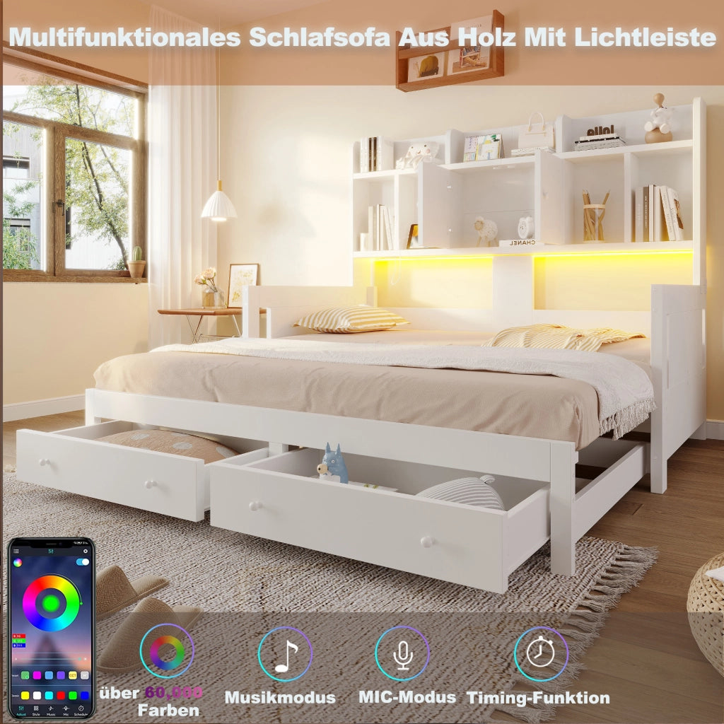 Divano letto estraibile 90x190 cm espandibile a 180x190 cm - Archiviazione e presa LED - Bianco