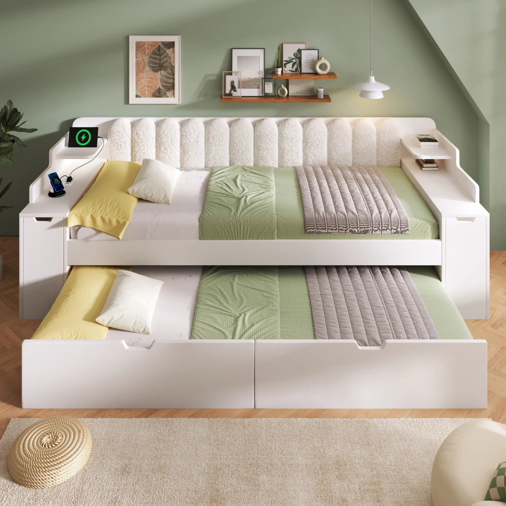 Letto estraibile 90x200 cm; divano letto con secondo letto; rete a doghe metalliche; stazione di ricarica; contenitore; sherpa; bianco