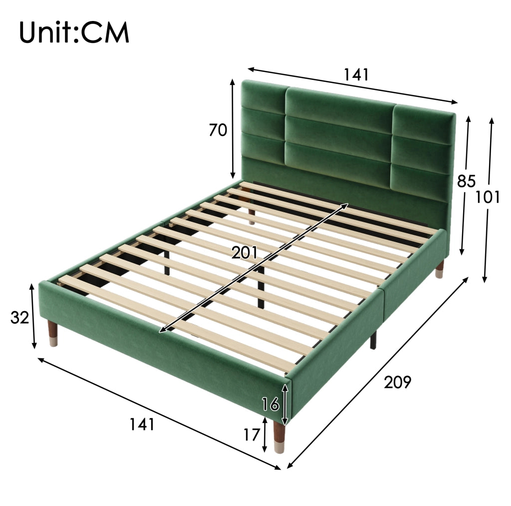Letto matrimoniale imbottito 140x200 cm in velluto verde con rete a doghe