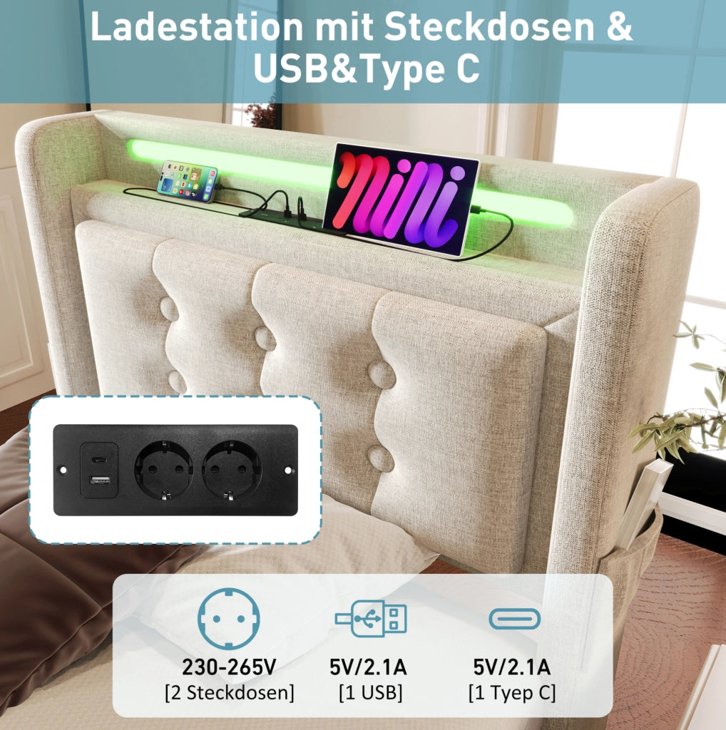Letto singolo 90x200 cm con contenitore; LED e USB-C; in cotone e lino; beige