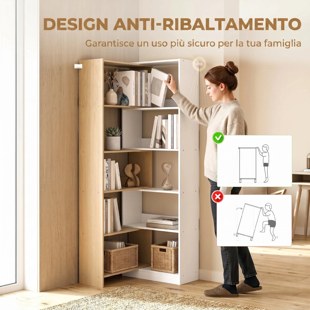 Libreria Girevole A 350 Gradi A 5 Ripiani; Truciolato Melaminato Bicolore Per Casa E Ufficio