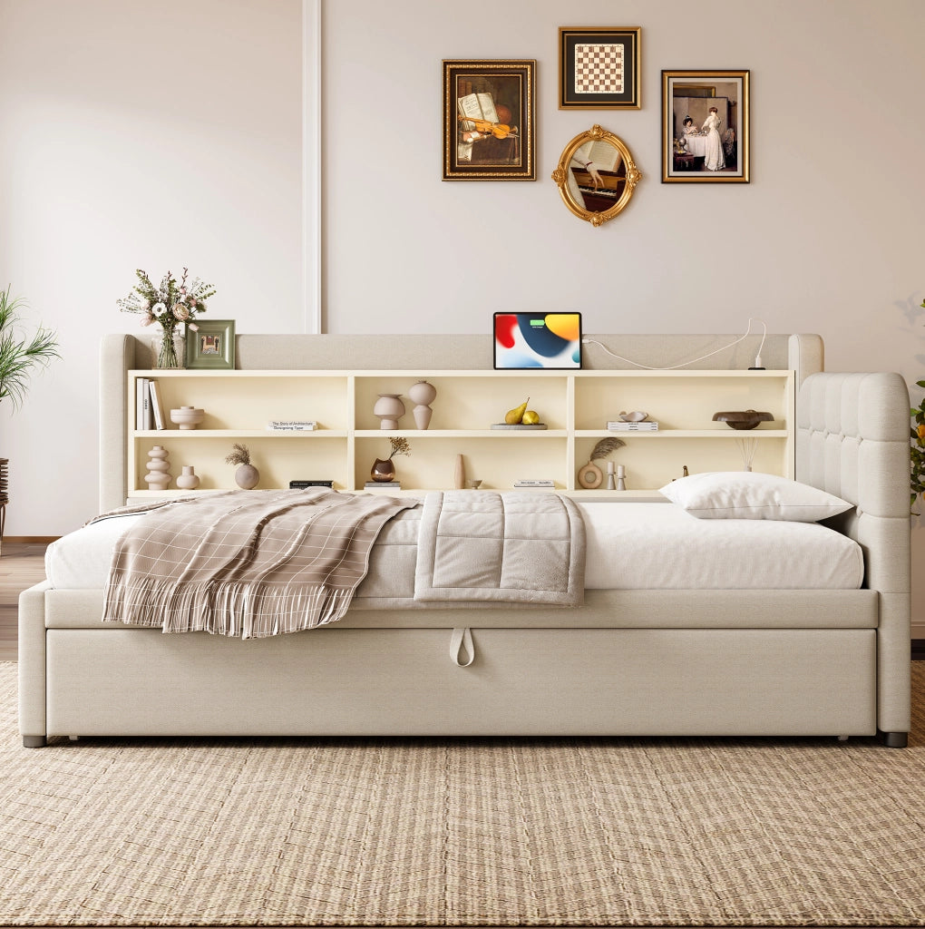 LETTO DIVANO ESTRAIBILE 90x200 cm Lino Beige USB + Tipo C