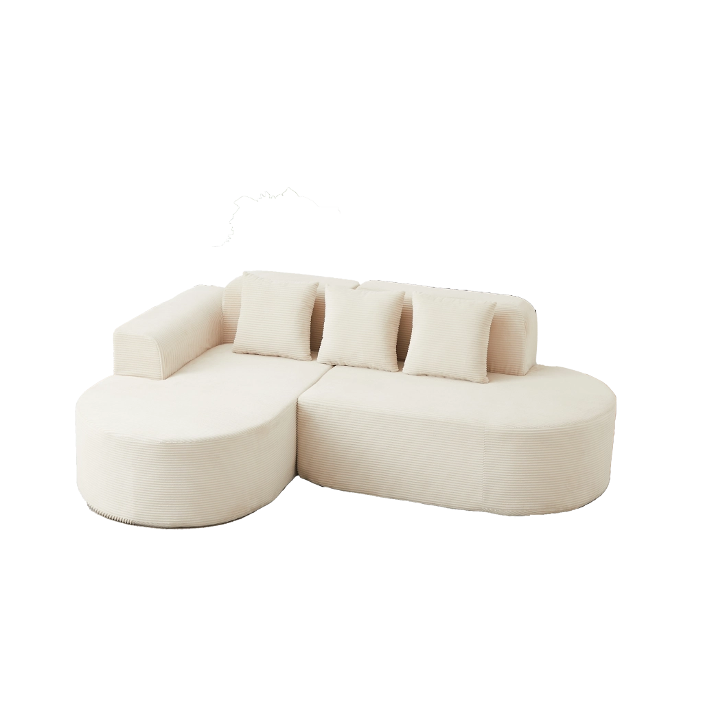 Divano angolare con chaise longue - linee curve e 3 cuscini - in velluto a coste - beige