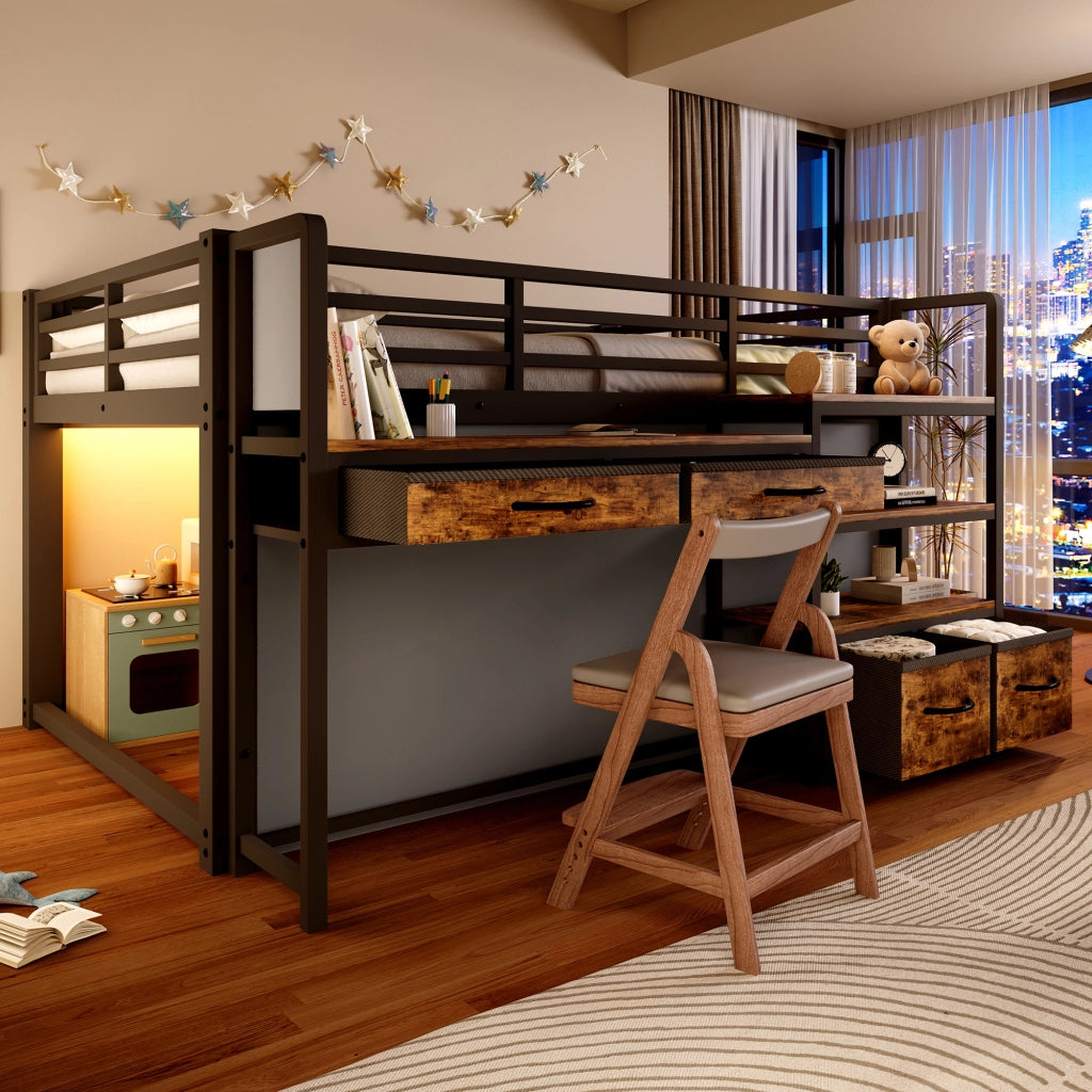 Letto a soppalco 140x200 con scrivania; scaffali; cassetti in tessuto e LED; struttura in metallo nero per cameretta