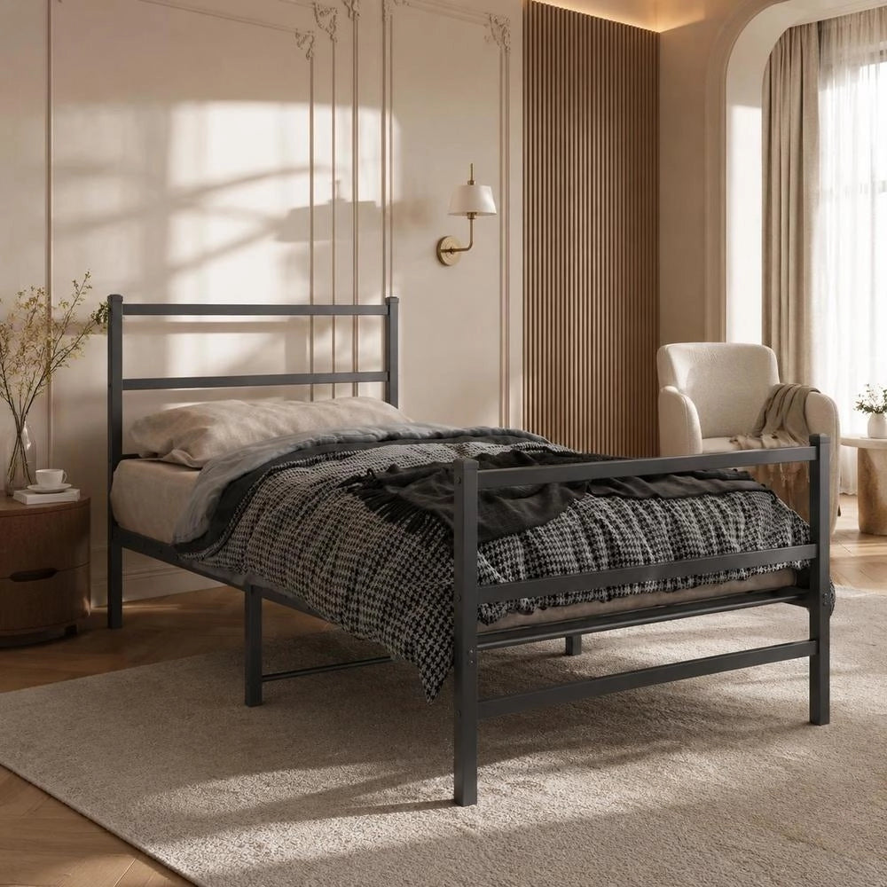 Bed Frame With Headboard And Footboard, Metal, Black, 90x200 Cm