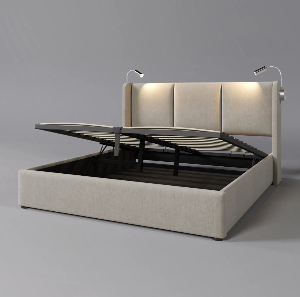 Letto imbottito 140x200 cm con contenitore, luce da lettura USB e rivestimento in lino beige