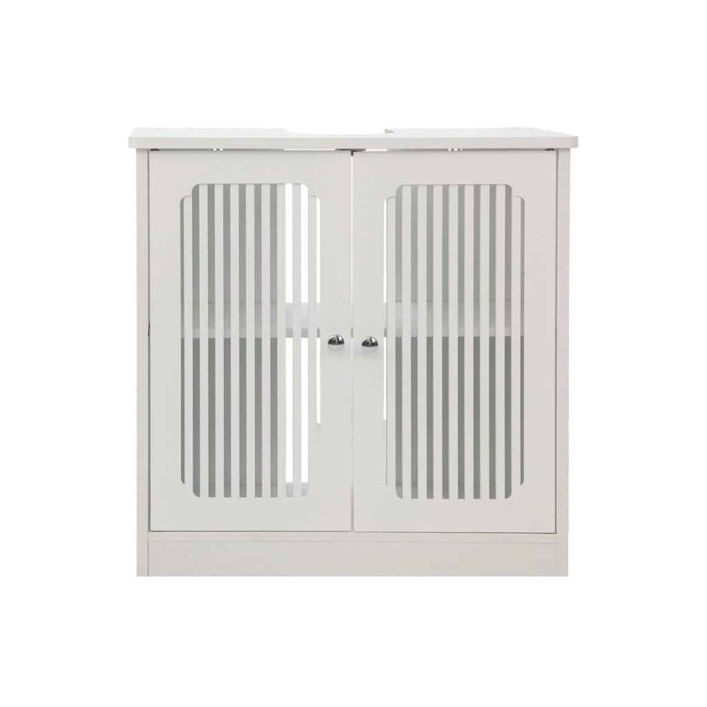 Mobile sottolavabo con 2 ante a lamelle e ripiano regolabile, bianco, per bagno e lavanderia, in MDF e truciolare