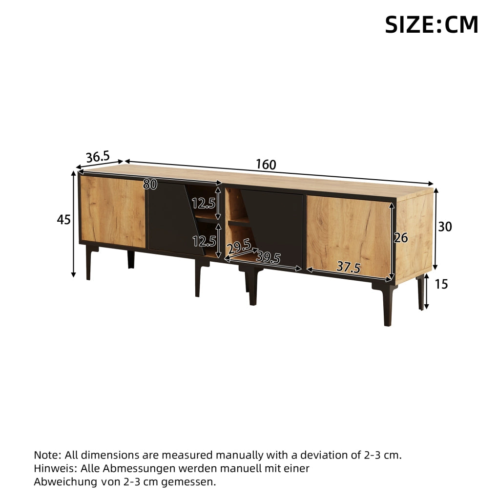 Mobile TV 160x36,5x45 cm con 4 vani in truciolare naturale e nero