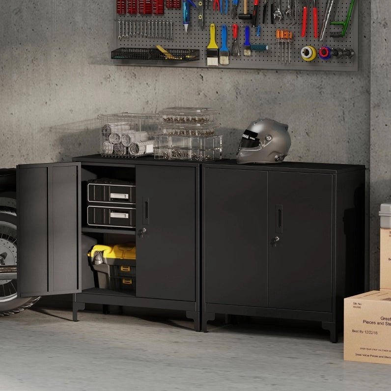 Armadio da ufficio in metallo con porte chiudibili, design a 2 livelli, colore nero