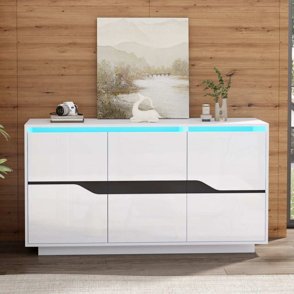 Credenza e madia LED con 3 ante e 5 ripiani regolabili, lucida, in truciolare bianco e nero, 140 × 40 × 70 cm