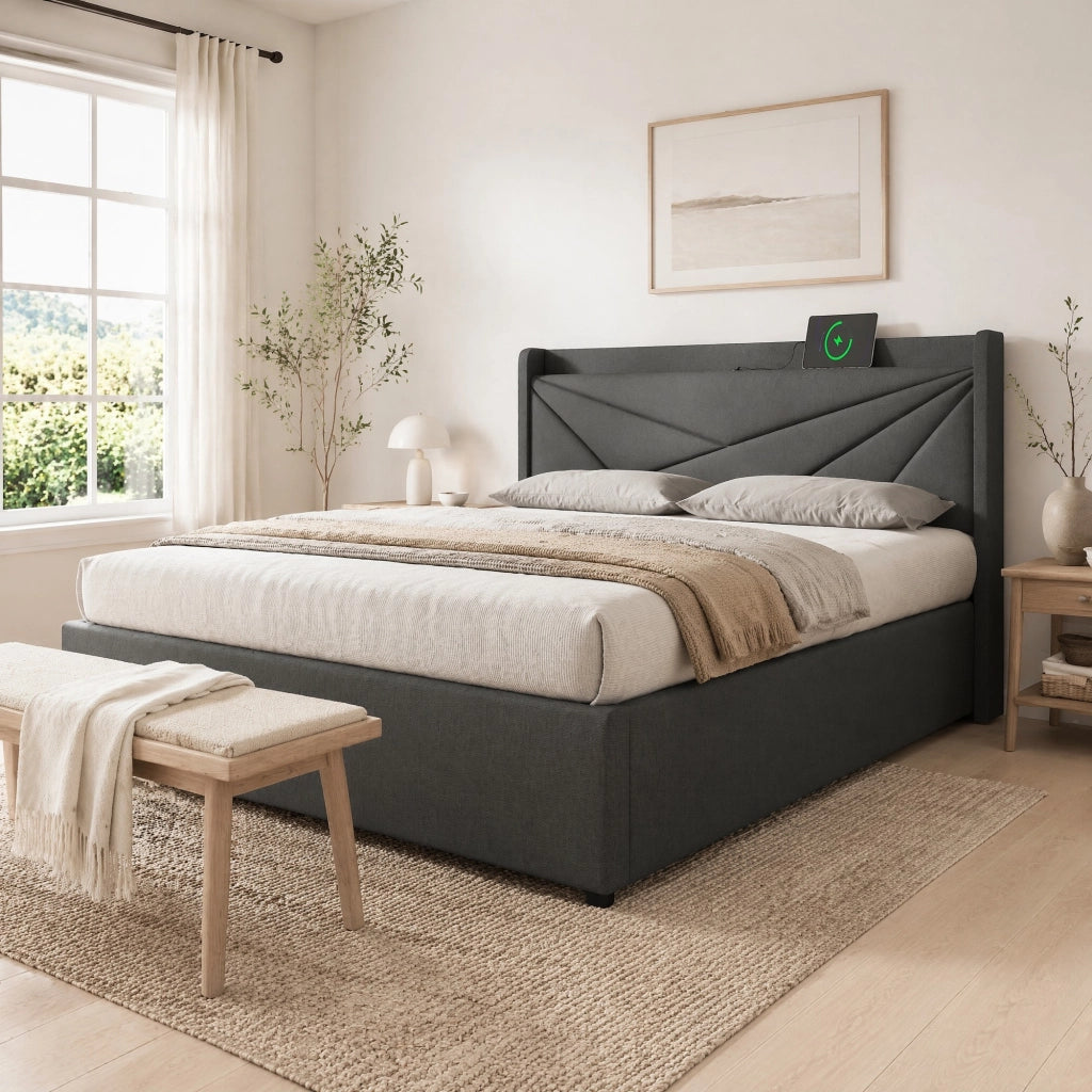 Letto matrimoniale 180x200 con contenitore e USB-C grigio
