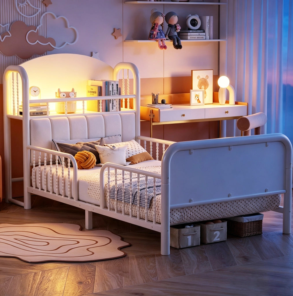 Letto singolo per bambini ULEVR 90x200 cm con sponde di sicurezza, testiera imbottita, vano e LED bianco