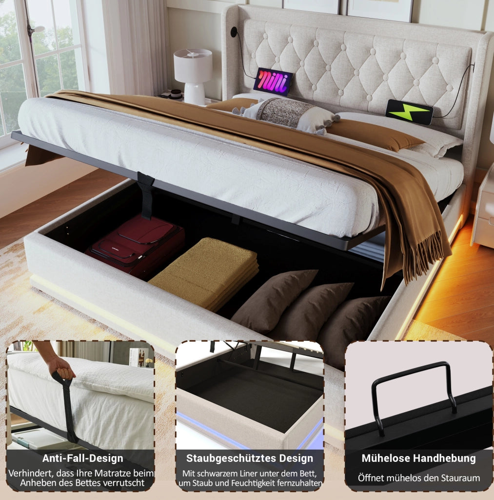 Letto contenitore beige 140 x 200 cm con LED, ricarica USB e Tipo-C