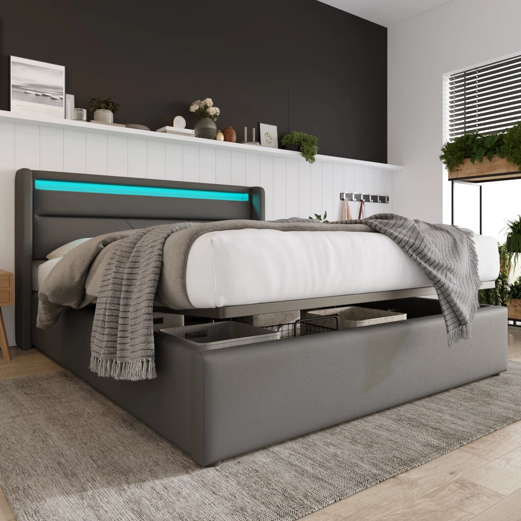 Letto imbottito con LED e contenitore idraulico, 140x200 cm, grigio
