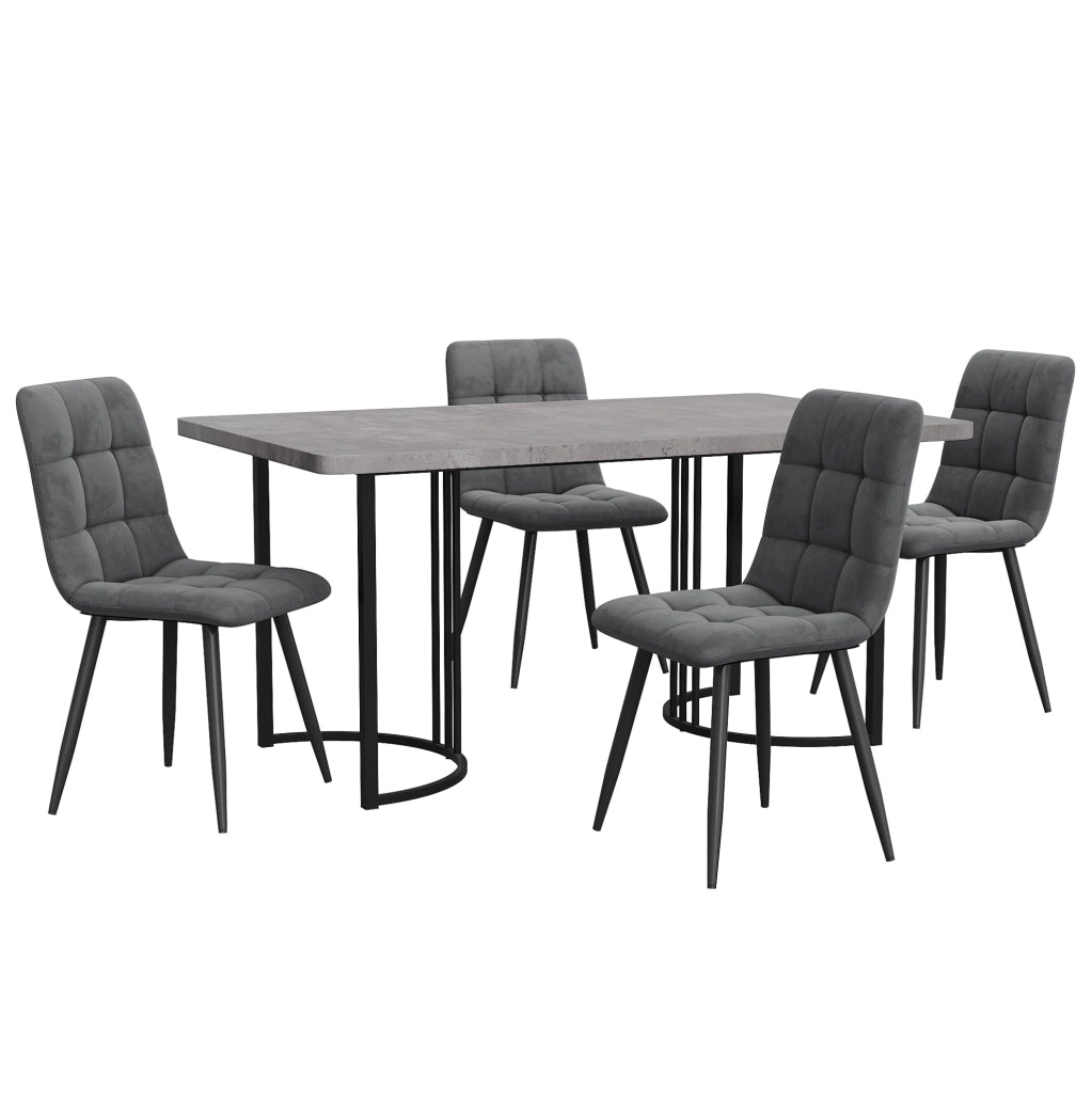 Set tavolo da pranzo 140x80 cm con 4 sedie in velluto grigio e struttura in metallo