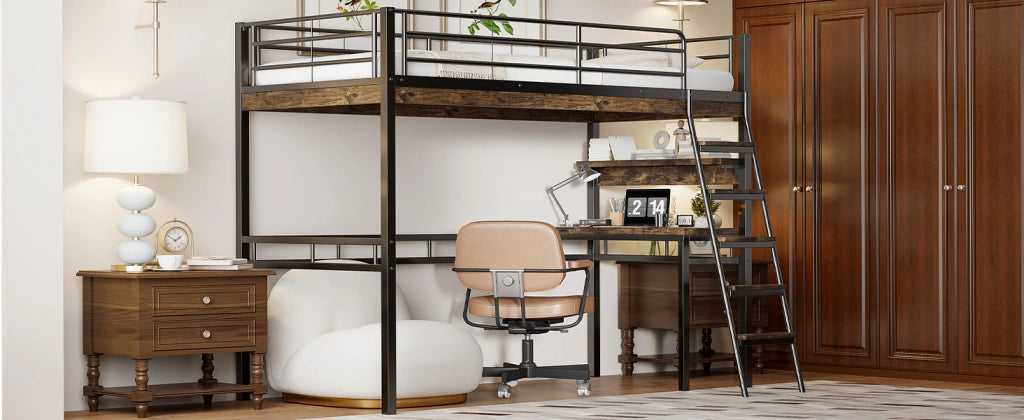 Letto a soppalco 90 × 200 cm con scrivania e scaffali in metallo e MDF nero con scala e sponde