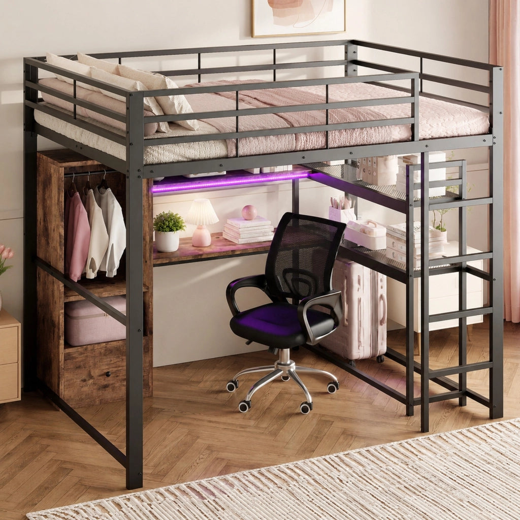 Letto a soppalco 140x200 cm con scrivania; LED; cassetto e ripiani in metallo e MDF nero