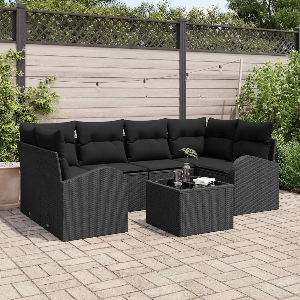 Set Divano da Giardino 7 pcs Nero Polyrattan, Acciaio e Vetro