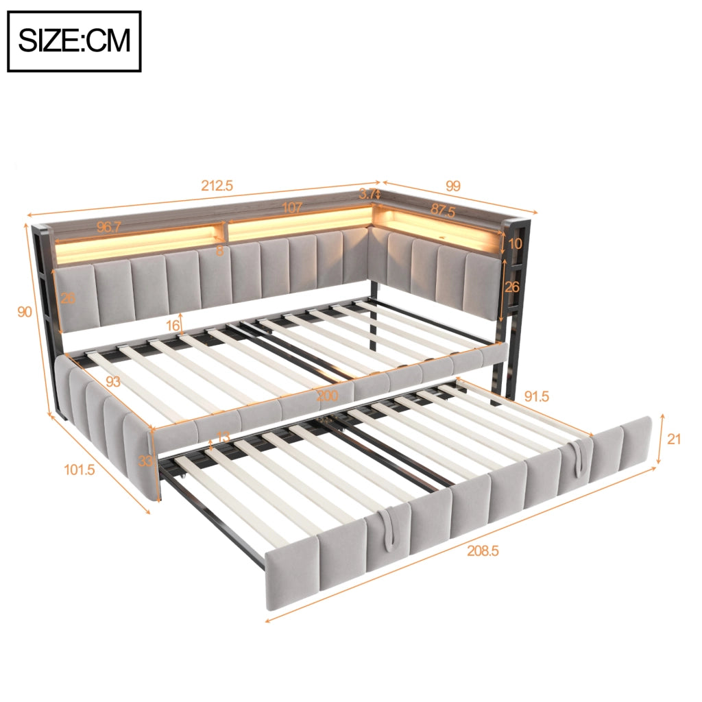 Divano letto estraibile 90x200 cm in velluto grigio chiaro con LED e USB-C