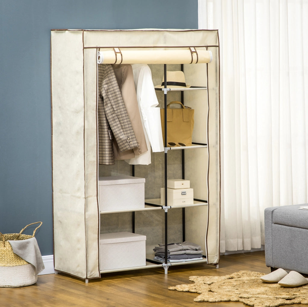 Armadio guardaroba in tessuto con 6 ripiani color crema