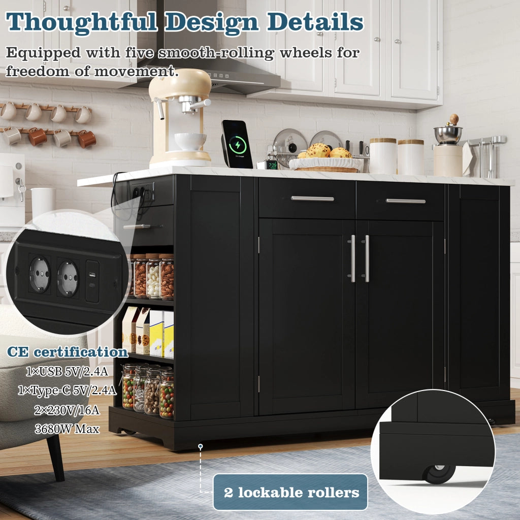 Mobile da cucina con piano ribaltabile; ruote; presa EU e vano rifiuti estraibile nero in MDF 138 × 86 × 92 cm