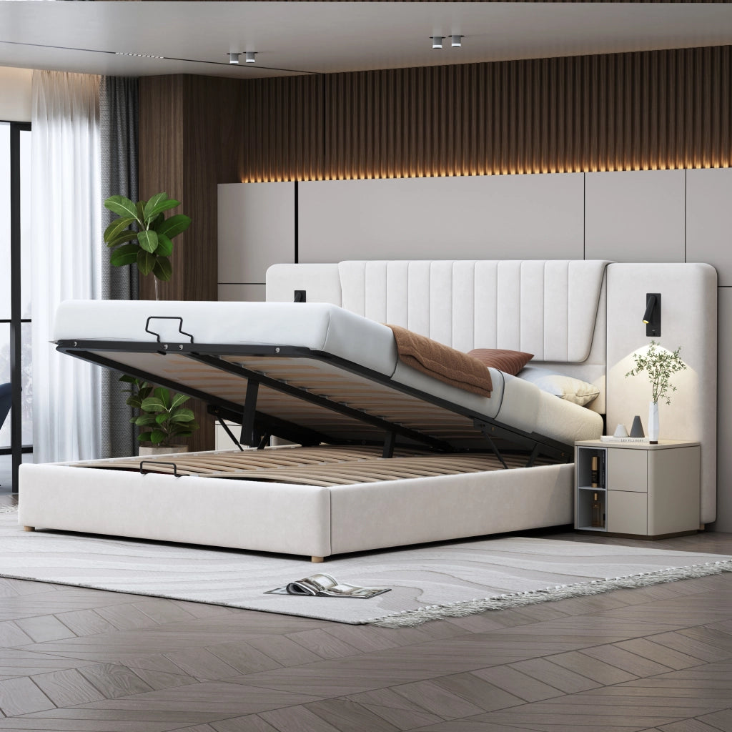 DESMIU Letto Matrimoniale 180 × 200 cm con contenitore idraulico, lampade da lettura, USB, senza materasso, in velluto, beige