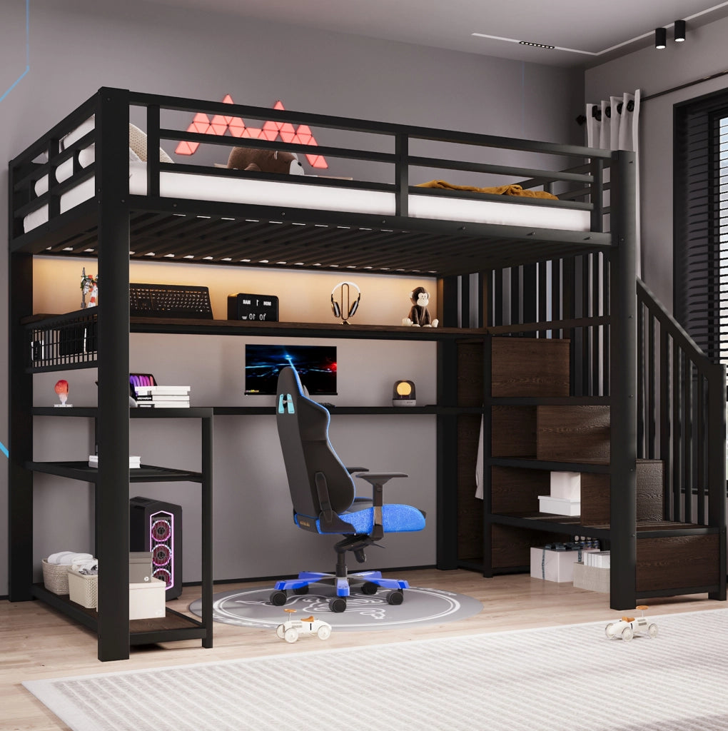 Letto a soppalco 90x200 cm in metallo e MDF nero con LED e scrivania