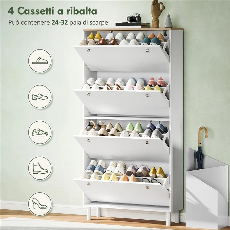SCARPIERA SLIM CON 4 CASSETTI RIBALTABILI E RIPIANI REGOLABILI PER 24-32 SCARPE, 80X23.5X157 CM, BIANCO