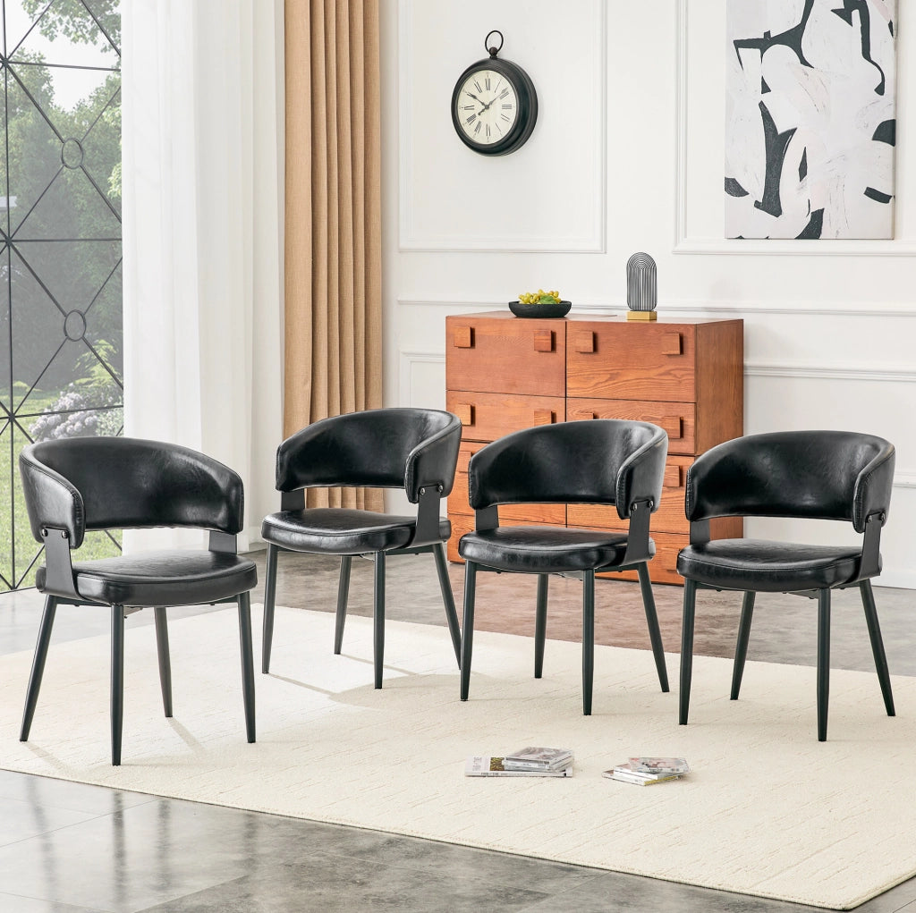 Sedia da pranzo con braccioli in PU nero e schienale decorato