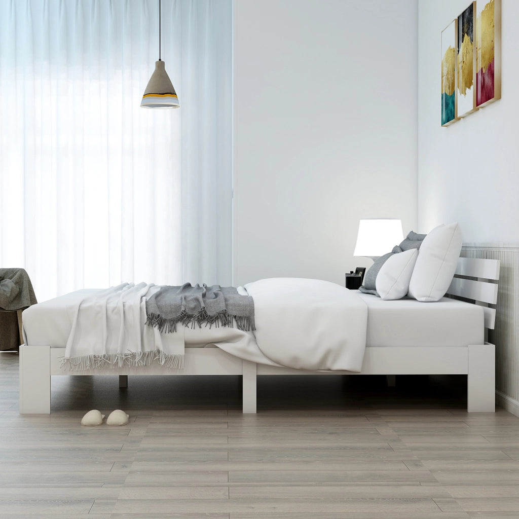 Letto matrimoniale 140 × 200 cm con testiera e rete a doghe in legno bianco portata massima 150 kg