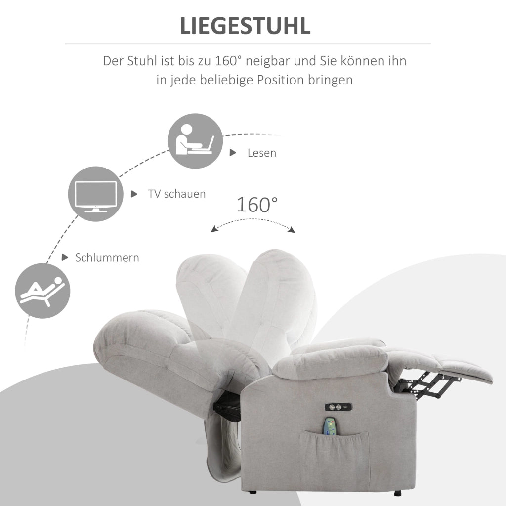 Poltrona relax rialzabile con alzata assistita schienale reclinabile a 160° USB e tasca laterale in poliestere grigio