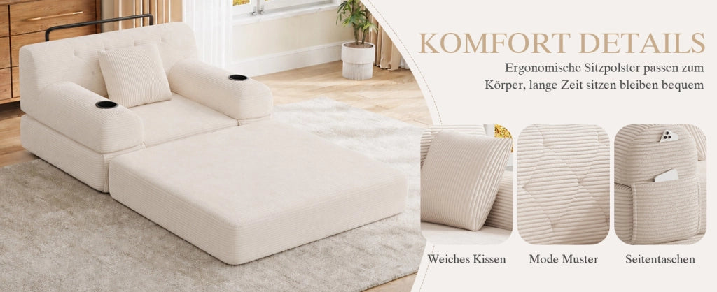 Divano Letto 1 Posto in Corduroy Beige con Schienale Alto, Telaio in Metallo, 2 Porta Bicchieri e 4 Tasche Laterali, Ideale per Soggiorno e Spazi Compatti