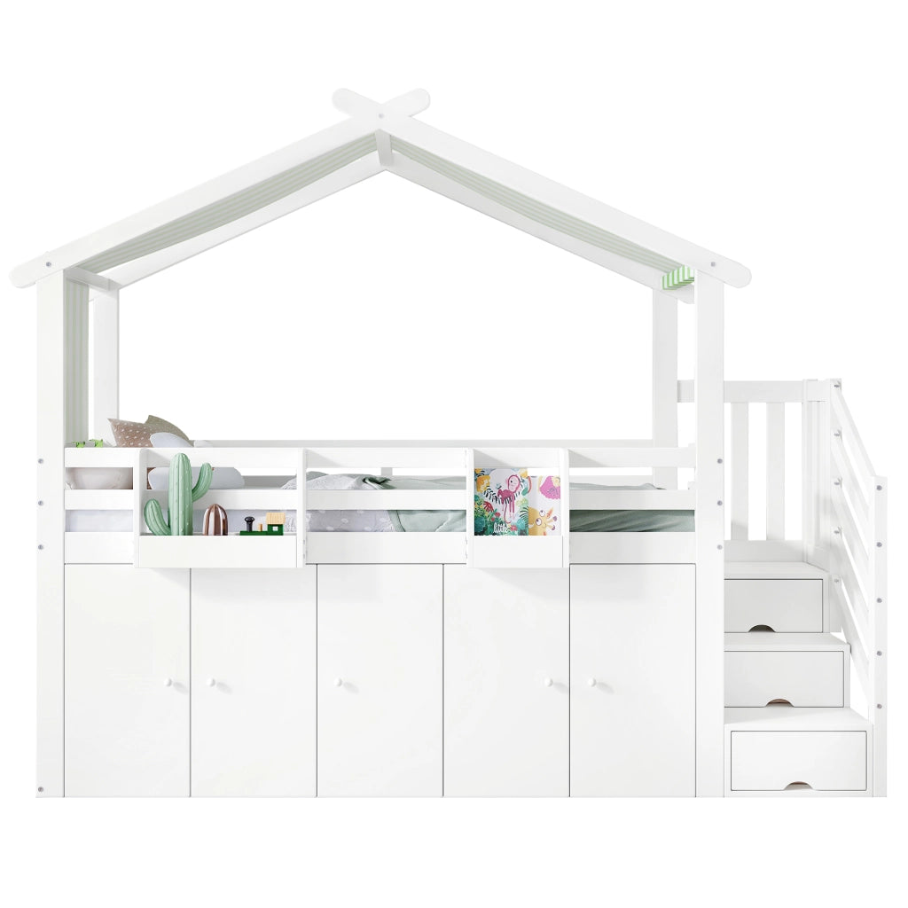 Letto a soppalco per bambini 90 × 200 cm 1 posto con armadio, 5 vani, scala e barriera, senza materasso, bianco e verde